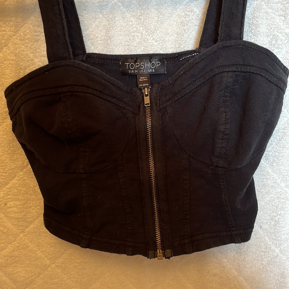 Topshop Black Zip-up Cotton Crop Top